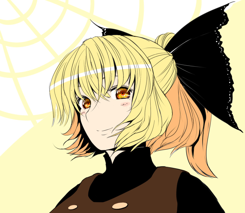 blonde_hair blush commentary_request female hair_ribbon kurodani_yamame masami_t ponytail ribbon short_hair silk smile solo spider_web touhou upper_body yellow_eyes