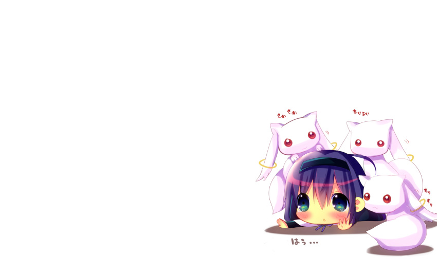 :3 akemi_homura blush chibi hina_hina kyuubee long_hair mahou_shoujo_madoka_magica purple_eyes purple_hair red_eyes white