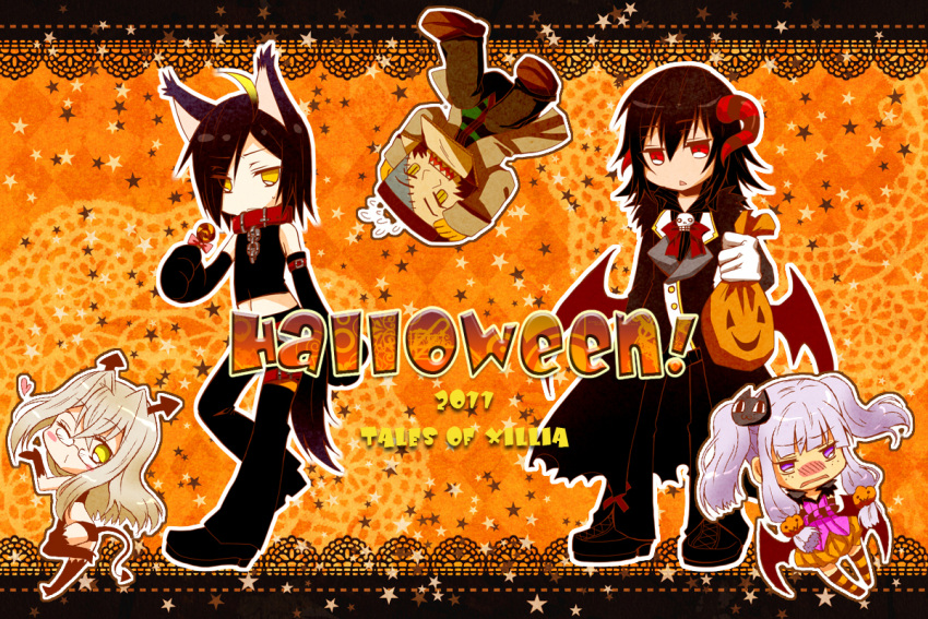 2011 2girls 3boys agria_(tales) alternate_costume animal_ears bad_id bad_pixiv_id bag black_hair black_legwear blonde_hair blush brown_hair candy cape chibi coat copyright_name demon_girl embarrassed food food-themed_hair_ornament freckles full_body gaius_(tales) glasses gloves green_eyes hair_intakes hair_ornament halloween heart horns jiao_(tales) kemonomimi_mode light_purple_hair lollipop long_hair miso_souzen multicolored_hair multiple_boys multiple_girls one_eye_closed orange_background orange_legwear pants presa_(tales) pumpkin_hair_ornament purple_eyes red_eyes shoes star_(symbol) striped tail tales_of_(series) tales_of_xillia thighhighs trench_coat twintails two-tone_hair upside-down wingul_(tales) wolf_ears wolf_tail yellow_eyes