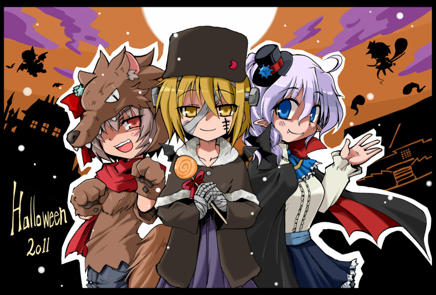 2011 3girls alternate_costume animal_hands bad_id bad_pixiv_id bandages blonde_hair blue_eyes brown_eyes brown_hair candy cape collarbone costume dog_paws dog_tail fangs food frankenstein's_monster grey_hair hair_over_one_eye halloween hat konpaku_youmu kotojima_motoki lollipop looking_at_viewer lunasa_prismriver lyrica_prismriver merlin_prismriver mini_hat mini_top_hat multiple_girls pointy_ears remilia_scarlet short_hair siblings sisters smile tail top_hat touhou upper_body vampire werewolf