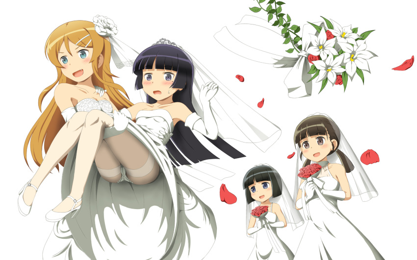 4girls aqua_eyes bare_shoulders black_hair blue_eyes blush bridal_veil bride brown_hair carrying commentary_request crotch_seam dress elbow_gloves flower gloves gokou_hinata gokou_ruri gokou_tamaki hair_ornament hairband highres hiraizumi_(mugenkidousha) holding kousaka_kirino lily_(flower) long_hair multiple_girls oerba_yun_fang open_mouth ore_no_imouto_ga_konna_ni_kawaii_wake_ga_nai panties panties_under_pantyhose pantyhose petals princess_carry purple_eyes red_flower short_hair siblings sisters sweat thighband_pantyhose underwear veil wedding_dress white_panties white_pantyhose wife_and_wife yuri