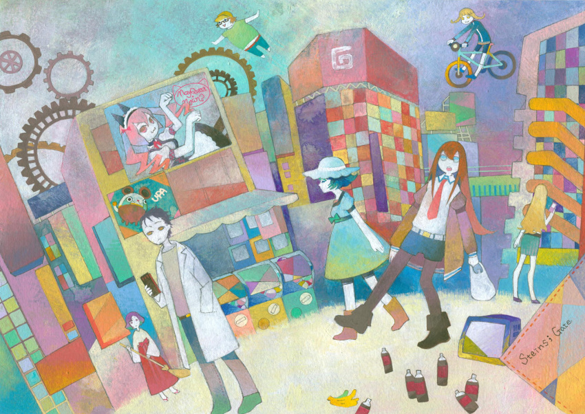 3boys 5girls acrylic_paint_(medium) akiha_rumiho amane_suzuha bad_id bad_pixiv_id banana bicycle blue_eyes broom brown_hair cellphone drill_hair food fruit gashapon gears gel_banana hand_in_pocket hashida_itaru hat kiryuu_moeka kumi_waka_asu lab_coat maid_headdress makise_kurisu multiple_boys multiple_girls okabe_rintarou open_mouth painting_(medium) pantyhose pantyhose_under_shorts phone photoshop_(medium) pink_hair profile shiina_mayuri shorts steins;gate traditional_media urushibara_ruka waitress