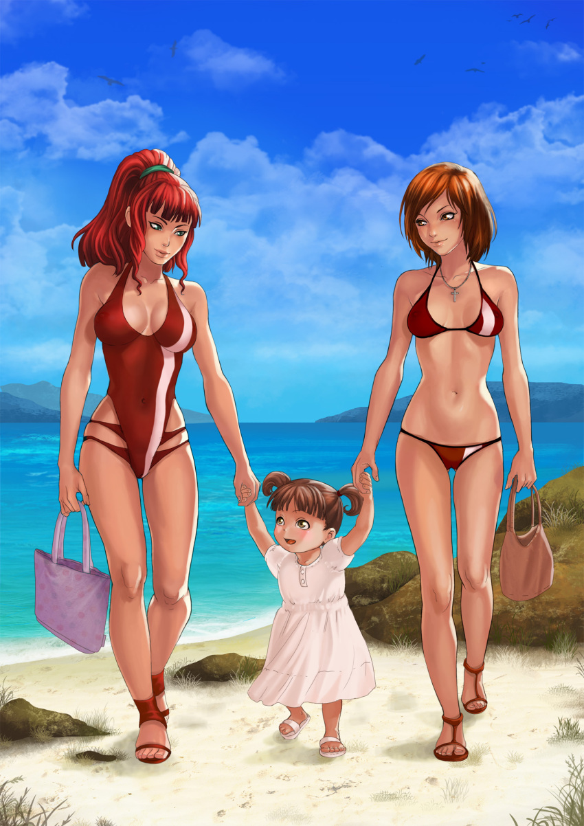 3girls beach bikini bloocarrot breasts cleavage covered_navel cross family good_end highres holding_hands if_they_mated ips_cells jewelry jung_freud lolicon medium_breasts midriff mother_and_daughter multiple_girls navel necklace one-piece_swimsuit outdoors sandals skindentation skinny swimsuit takaya_noriko top_wo_nerae! wife_and_wife yuri