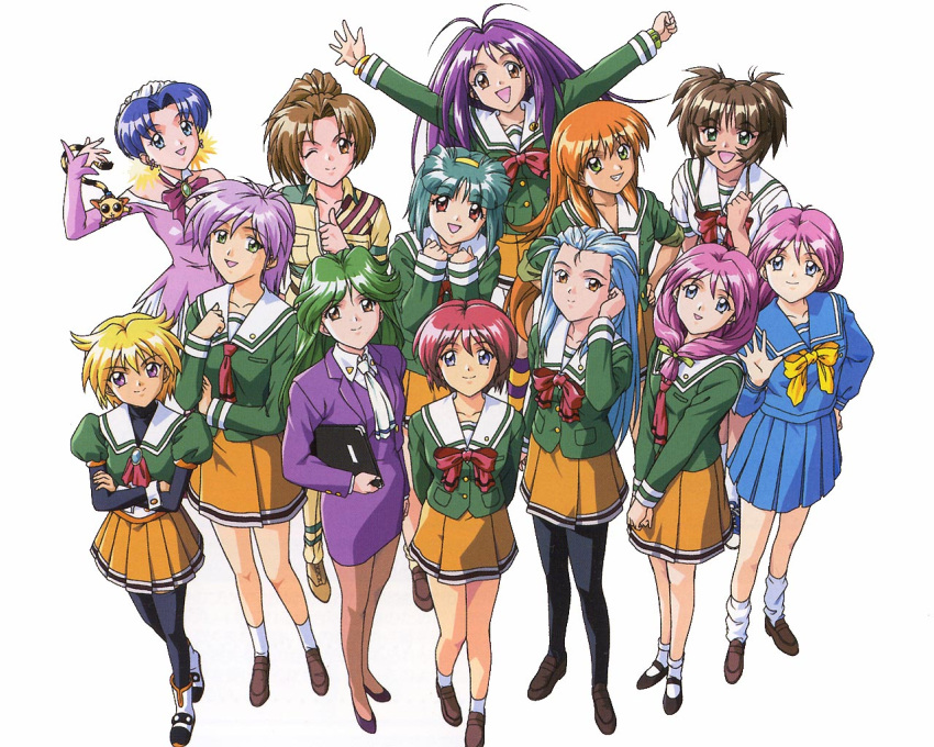 1990s_(style) 6+girls :d ;) \o/ adjusting_hair akai_homura arms_up ascot asou_kasumi black_legwear blue_eyes blue_hair blue_skirt bow brooch brown_eyes brown_hair brown_legwear crossed_arms from_above front_ponytail green_eyes green_hair green_shirt grin hairband hands_on_own_hips hibikino_high_school_uniform hinomoto_hikari ichimonji_akane ijuuin_mei jewelry kokura_masashi kotobuki_miyuki kudanshita_maeka loafers long_hair long_sleeves looking_at_viewer loose_socks mary_janes minazuki_kotoko miniskirt mole mole_under_eye multiple_girls nozaki_sumire official_art one_eye_closed open_mouth orange_hair orange_skirt outstretched_arms pantyhose pink_hair pleated_skirt purple_eyes purple_hair red_bow retro_artstyle sakura_kaedeko school_uniform shirayuki_maho shirayuki_miho shirt shoes short_hair skirt sleeves_rolled_up smile socks standing tokimeki_memorial tokimeki_memorial_2 v_arms waving white_background white_legwear yae_kaori yellow_bow