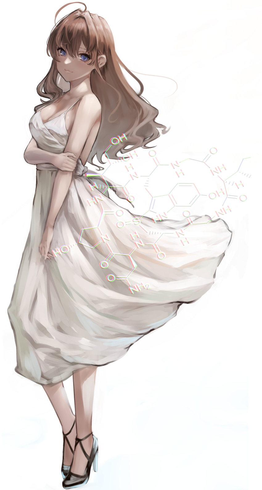 absurdres ahoge bad_id bad_twitter_id black_footwear breasts chemical_structure cleavage dress female full_body high_heels highres holding_own_arm ichinose_shiki idolmaster idolmaster_cinderella_girls lamp_p9 light_smile long_hair looking_at_viewer medium_breasts simple_background sleeveless sleeveless_dress solo sundress wavy_hair white_background white_dress