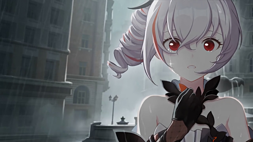 bare_shoulders black_dress black_gloves bronya_zaychik bronya_zaychik_(black_nucleus) city close-up crying crying_with_eyes_open dress drill_hair elbow_gloves female gloves grey_hair grey_sky hair_ornament highres honkai_(series) honkai_impact_3rd looking_at_viewer open_mouth outdoors rain red_eyes sky sleeveless sleeveless_dress solo tears third-party_source wet