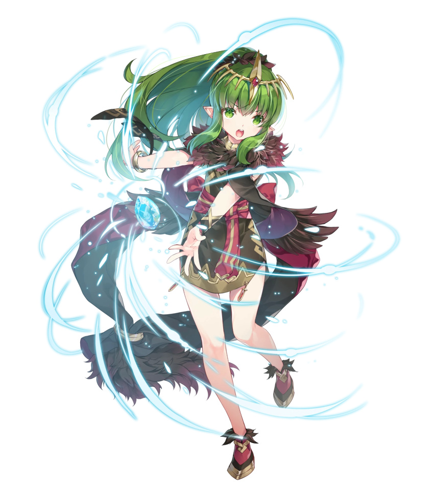 belt bracelet closed_mouth dress female fingernails fire_emblem fire_emblem:_mystery_of_the_emblem fire_emblem_heroes full_body fur_trim glowing gold_trim green_eyes green_hair highres jewelry leg_up long_hair looking_away miwabe_sakura non-web_source official_art open_mouth ponytail shiny_skin shoes short_dress sleeveless solo stone tiara tiki_(fire_emblem) tiki_(young)_(fire_emblem) transparent_background