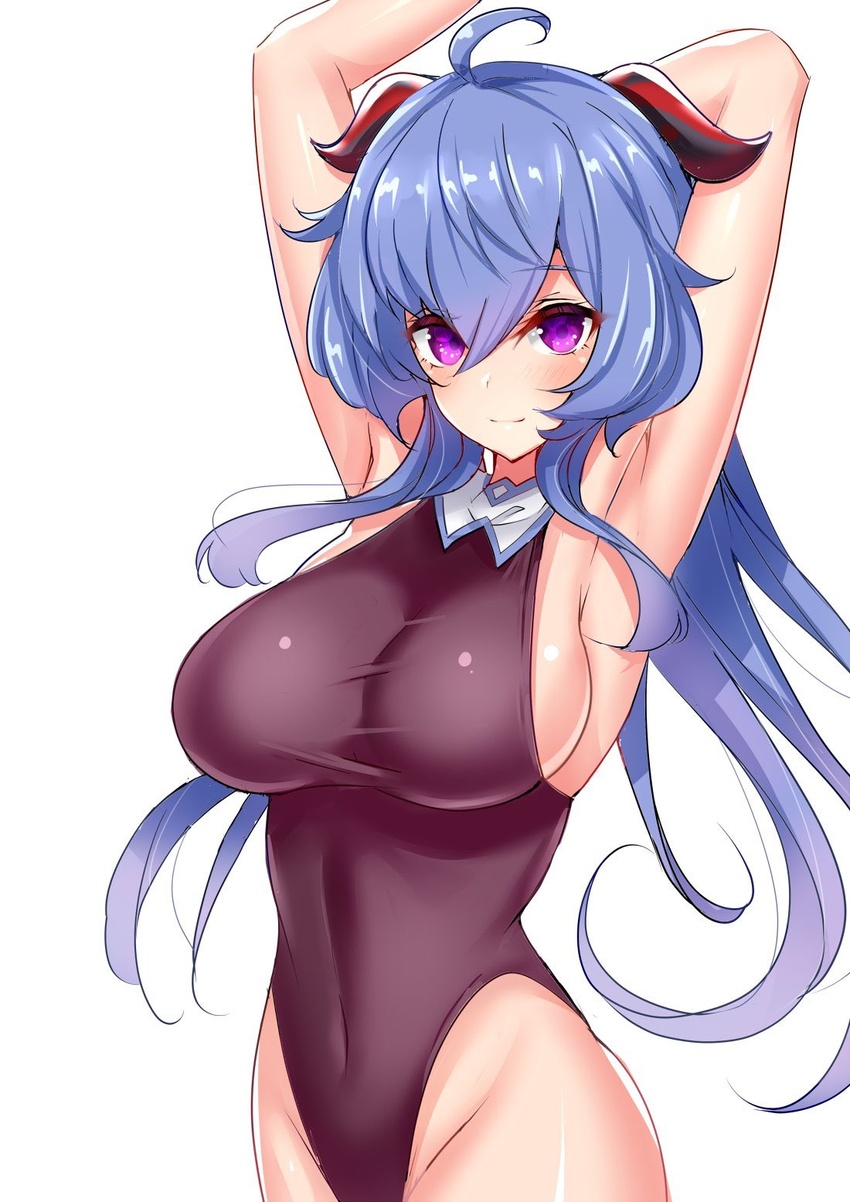 ahoge arm_behind_head arm_up armpits bad_id bad_twitter_id blue_hair blush bodystocking breasts closed_mouth commentary_request covered_navel female ganyu_(genshin_impact) genshin_impact gloves goat_horns hair_between_eyes highres horns large_breasts looking_at_viewer purple_eyes red_gloves sankakusui simple_background smile solo white_background