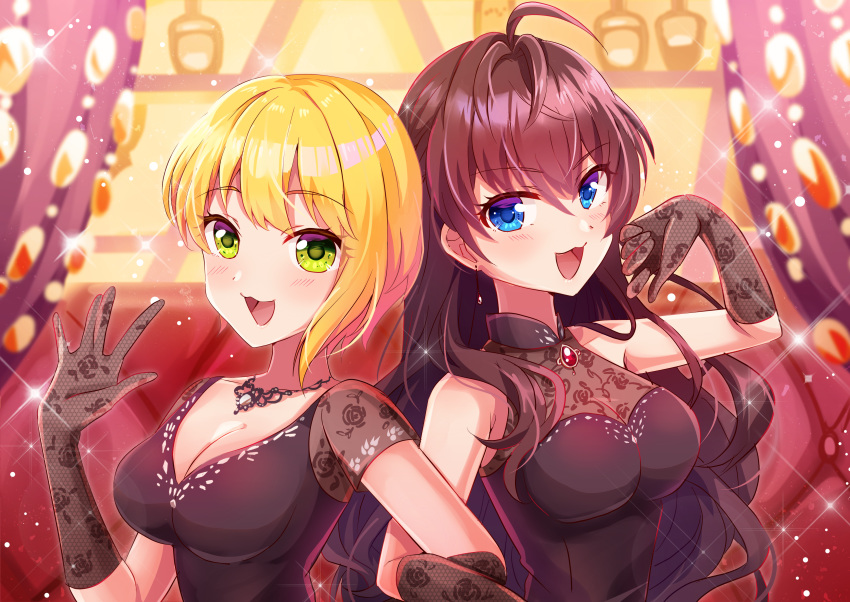 2girls :3 absurdres ahoge bare_shoulders black_gloves blonde_hair blue_eyes blush breasts cleavage collarbone commentary_request crazy_crazy_(idolmaster) dress gem gloves halter_dress halterneck happy highres ichinose_shiki idolmaster idolmaster_cinderella_girls idolmaster_cinderella_girls_starlight_stage jewelry large_breasts lazy_lazy_(idolmaster) long_hair looking_at_viewer miyamoto_frederica multiple_girls open_mouth red_dress red_hair sakura_ran short_hair short_sleeves smile wavy_hair yellow_eyes