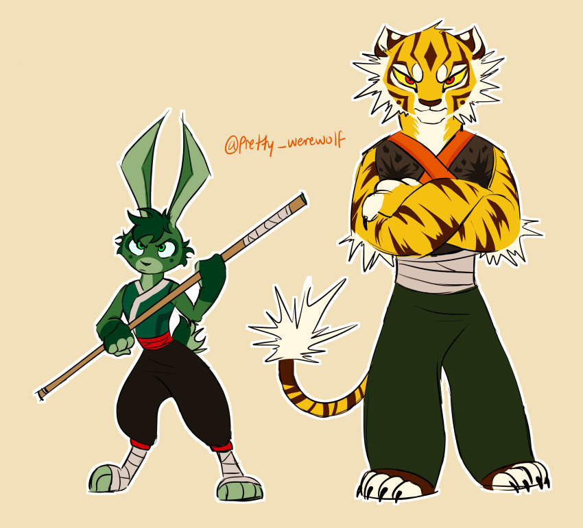 alternate_species anthro asian_clothing chinese_clothing claws clothed clothing countershade_fur countershading crossed_arms dreamworks duo east_asian_clothing felid fur furrification green_body green_fur hi_res izuku_midoriya katsuki_bakugou kung_fu_panda lagomorph leporid male mammal my_hero_academia pantherine pretty_werewolf rabbit striped_body striped_fur stripes tiger yellow_body yellow_fur