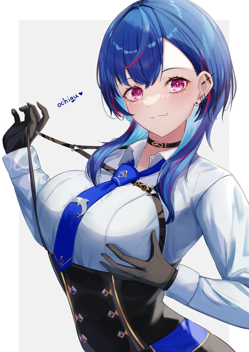 717minami alternate_breast_size black_choker black_corset black_gloves blue_hair blue_necktie breasts choker collared_shirt commentary_request corset female gloves highres long_hair looking_at_viewer multicolored_hair necktie nijisanji nishizono_chigusa nishizono_chigusa_(4th_costume) pink_eyes pink_hair shirt solo streaked_hair virtual_youtuber