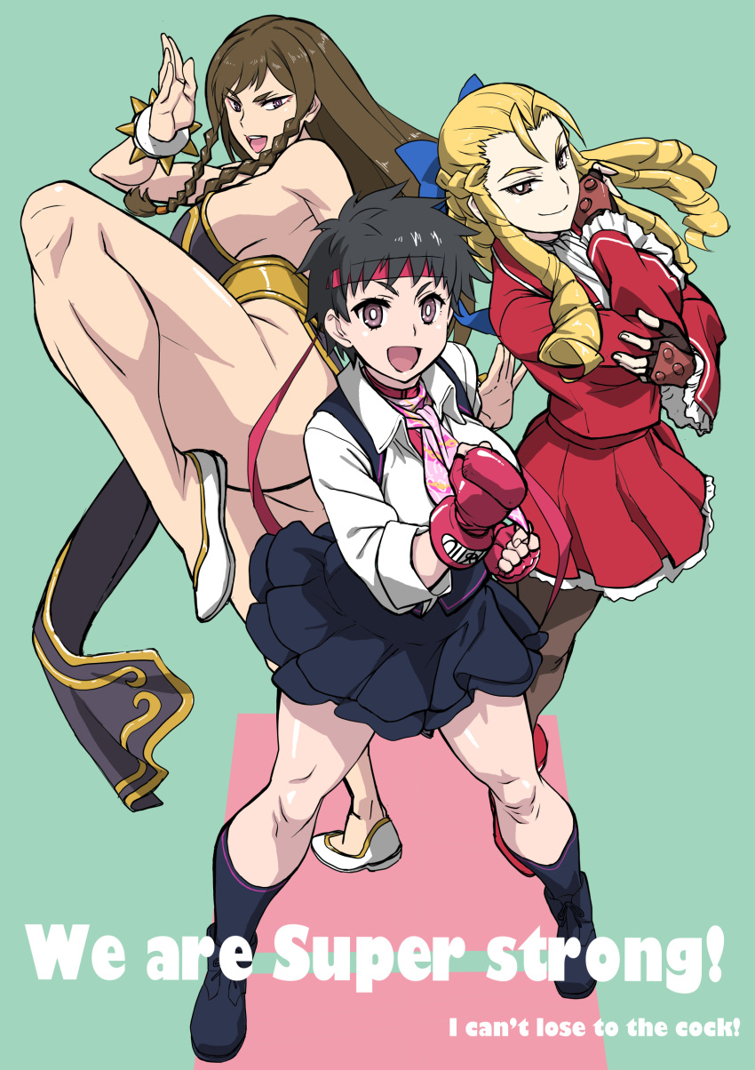 3girls absurdres antenna_hair black_hair blonde_hair bow braid breasts brown_hair chinpo_ni_wa_katenakatta_yo chun-li defeat drill_hair english_text fingerless_gloves forehead full_body gloves hair_ornament hair_pulled_back hairbow headband highres instant_loss kanzuki_karin kasugano_sakura long_hair looking_at_viewer makinaru multiple_girls muscular open_mouth pantyhose pelvic_curtain revealing_clothes ringlets sailor_collar school_uniform serafuku short_hair simple_background skirt smile smug street_fighter street_fighter_v thighs twin_braids