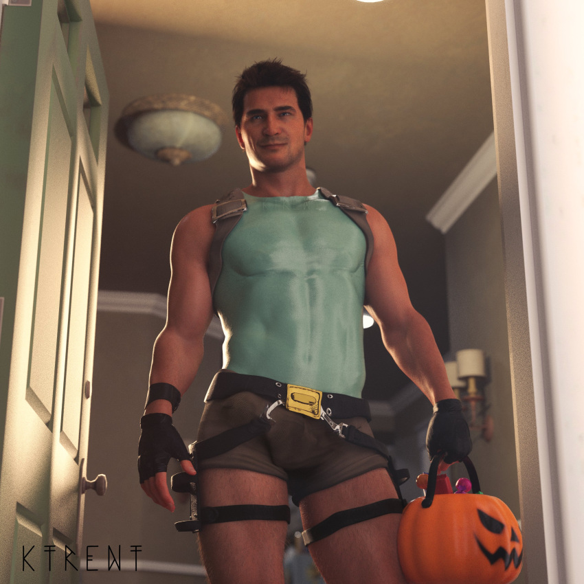 1boy 1human 1male 3d 3d_(artwork) 3d_model blue_eyes brown_hair halloween halloween_costume ktrent lara_croft_(cosplay) looking_at_viewer looking_down_at_viewer male_focus male_only nathan_drake naughty_dog solo solo_focus solo_male uncharted uncharted_4