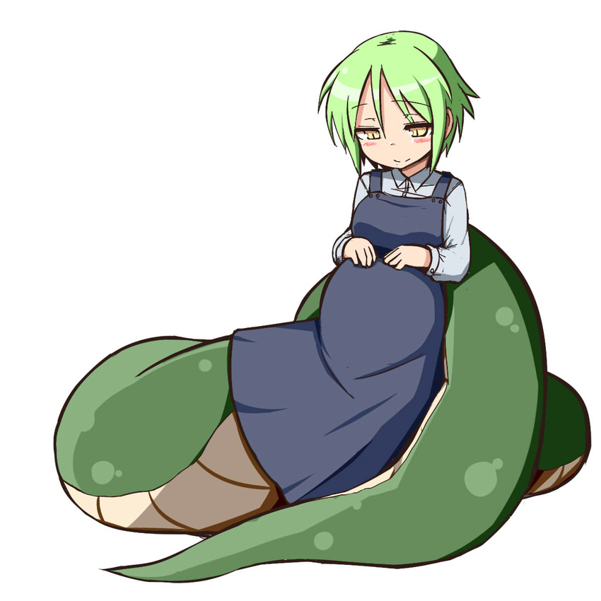 blush coiled commentary_request female green_hair highres lamia madara_(masu_shu) masu_shu monster_girl original pregnant short_hair simple_background smile solo white_background yellow_eyes