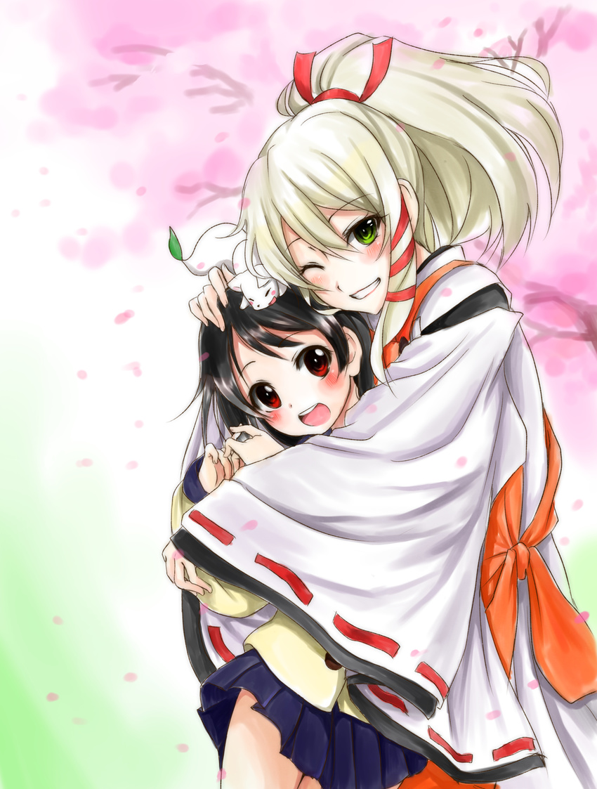 2girls :d black_hair blonde_hair blush cherry_blossoms commentary_request fushimi_inari green_eyes grin hair_ribbon highres inari_konkon_koi_iroha. japanese_clothes kirikirimai_(kkm) kon_(inakon) long_hair miko multiple_girls one_eye_closed open_mouth pleated_skirt ponytail red_eyes ribbon ribbon-trimmed_sleeves ribbon_trim school_uniform serafuku skirt smile tress_ribbon uka-no-mitama-no-kami_(inakon)