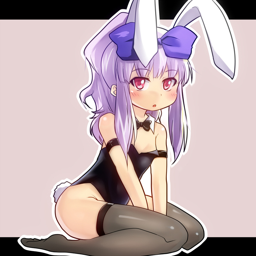 3.1-tan animal_ears black_thighhighs blush bow bowtie commentary_request detached_collar female flat_chest full_body hairbow highres long_hair open_mouth os-tan playboy_bunny ponytail purple_hair rabbit_ears rabbit_tail red_eyes solo tail thighhighs vallerg