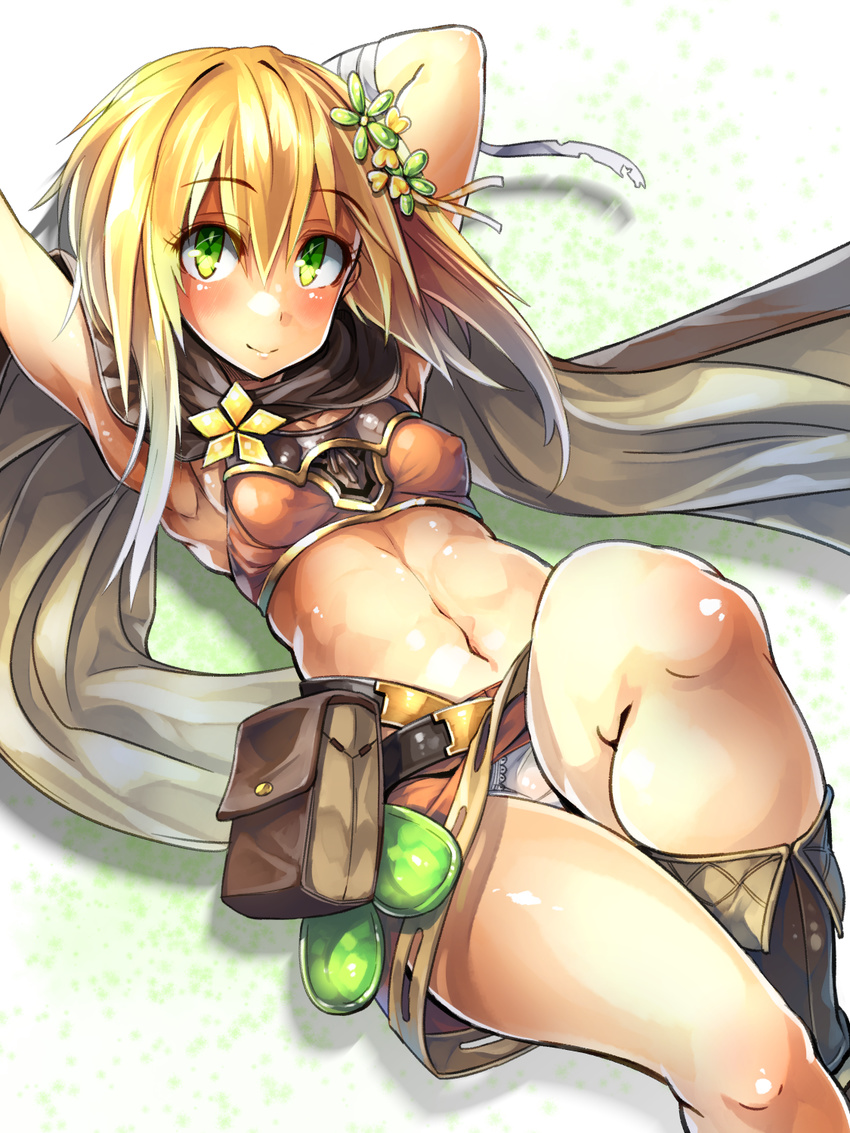 armpits bag bare_legs belt blonde_hair blush boots breasts brown_bag clover_hair_ornament commentary_request covered_nipples cowboy_shot female flower_knight_girl green_eyes hair_ornament highres katabami_(flower_knight_girl) looking_at_viewer midriff navel panties scarf shiny_skin short_hair skirt small_breasts smile solo underwear usuki_(graygreed) white_background white_panties