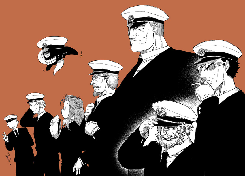 6+boys abyssal_ship admiral_(kancolle) annotated bad_id bad_pixiv_id beard birii_(style) borrowed_character cigarette crossover facial_hair female female_admiral_(kancolle) glasses gloves group_picture group_profile ha-class_destroyer hat kantai_collection lineup long_hair matsuda_chiyohiko military military_uniform mo_(kireinamo)_(style) multiple_boys necktie no_eyes parody profile red_background short_hair simple_background style_parody sunglasses sweatdrop takatsu_keita tonda_(style) translated uniform unworn_hat unworn_headwear yagisaka_seto_(style)