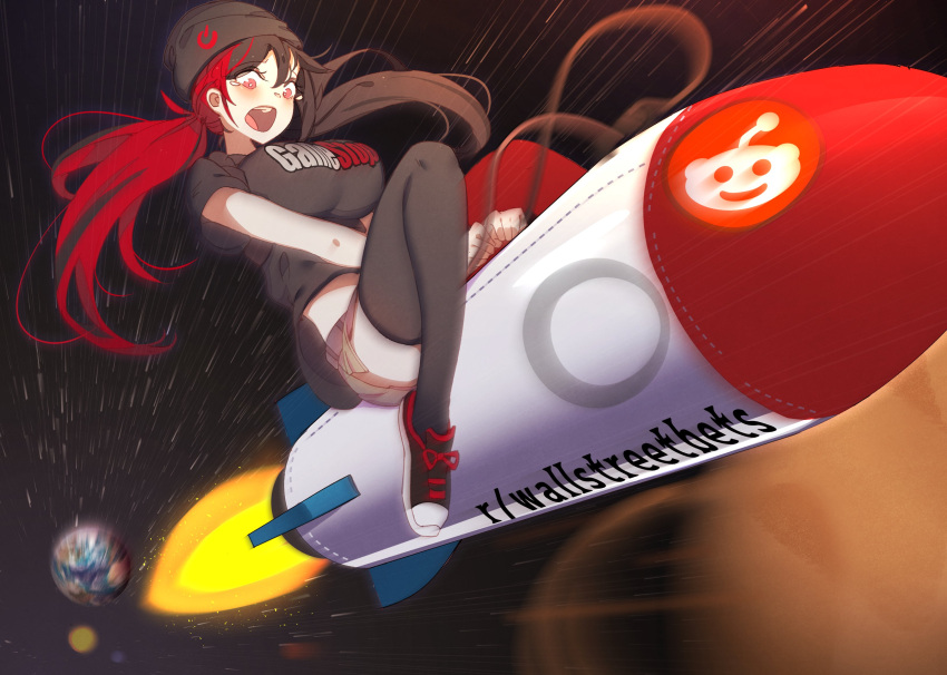 absurdres at2. black_hair black_headwear black_shirt black_thighhighs breasts commentary earth_(planet) english_commentary female gamestop highres impossible_clothes impossible_shirt large_breasts looking_down multicolored_hair open_mouth personification planet red_eyes red_hair reddit riding rocket second-party_source shirt shoes solo space star_(sky) tearing_up thighhighs twintails two-tone_hair