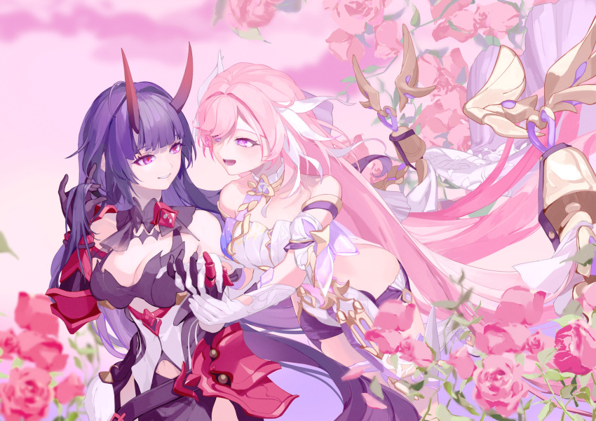 2girls absurdres armor bare_shoulders black_hair breasts cleavage elysia_(herrscher_of_human:_ego)_(honkai_impact) elysia_(honkai_impact) feet_out_of_frame flower gloves highres holding_hands honkai_(series) honkai_impact_3rd horns japanese_armor large_breasts long_hair looking_at_another multicolored_background multiple_girls pink_hair purple_eyes raiden_mei raiden_mei_(herrscher_of_thunder) roena sidelocks single_strap smile white_gloves yuri