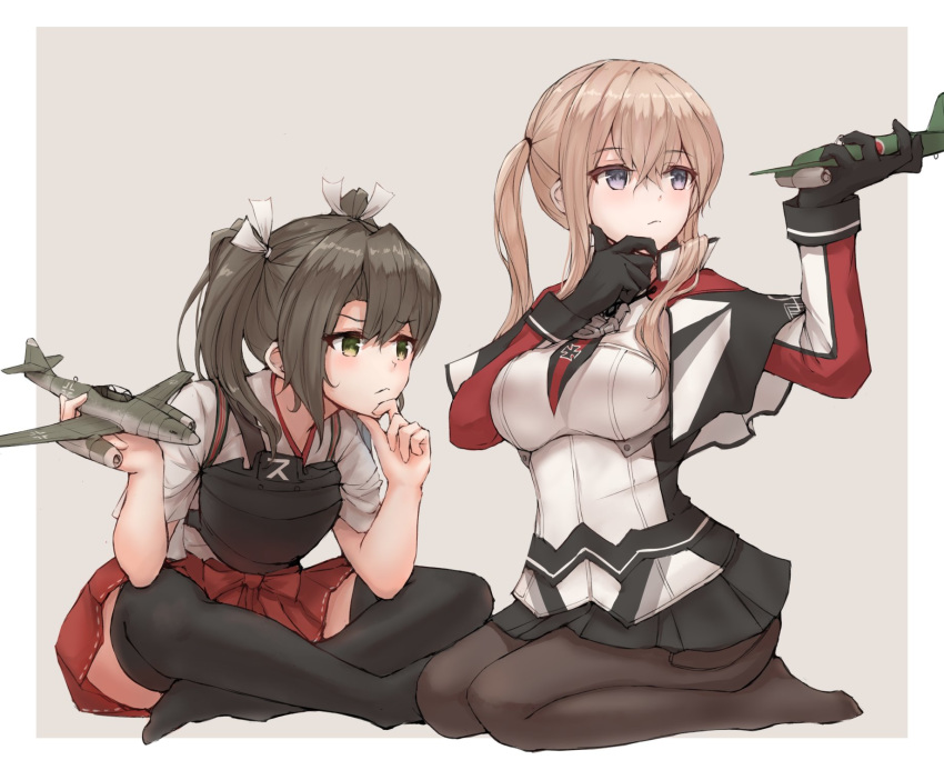 2girls aircraft airplane black_pantyhose black_thighhighs blonde_hair breasts capelet commentary graf_zeppelin_(kancolle) green_eyes green_hair hair_between_eyes hakama hakama_short_skirt hakama_skirt highres holding japanese_clothes k_jie kantai_collection kikka_(airplane) large_breasts long_hair long_sleeves me_262 military military_uniform multiple_girls muneate no_shoes pantyhose purple_eyes red_hakama sidelocks skirt symbol-only_commentary tasuki thighhighs thinking twintails uniform zuikaku_(kancolle) zuikaku_kai_ni_(kancolle)