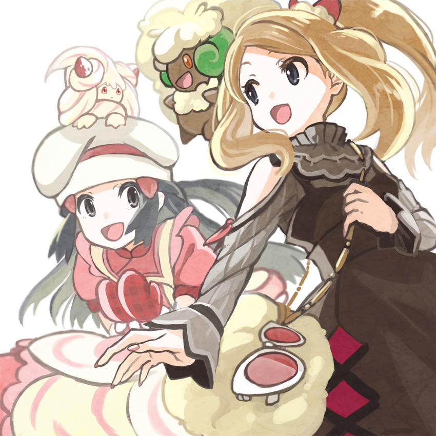 2girls alcremie alcremie_(strawberry_sweet) apron bag black_hair blurry brown_dress brown_hair commentary dawn_(palentine's_2021)_(pokemon) dawn_(pokemon) dress eye_contact eyelashes floating_hair from_below grey_eyes hair_ornament hairclip hat holding_strap long_hair long_sleeves looking_at_another multiple_girls nail_polish nikuzaiku official_alternate_costume on_head open_mouth pink_dress pink_nails pokemon pokemon_(creature) pokemon_masters_ex pokemon_on_head serena_(palentine's_2021)_(pokemon) serena_(pokemon) short_sleeves shoulder_bag sidelocks smile sunglasses tied_hair tongue unworn_eyewear whimsicott white-framed_eyewear