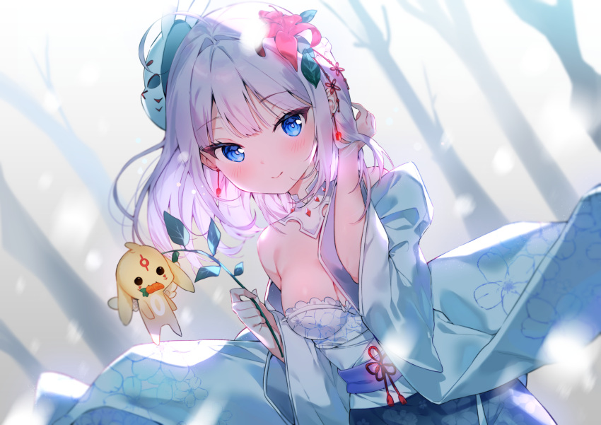 ahoge bare_tree blue_eyes blue_skirt blue_sleeves breasts carrot cheli_(kso1564) cleavage commentary creature detached_sleeves earrings female flower food_in_mouth glowing hair_flower hair_ornament hand_up highres indie_virtual_youtuber jewelry juni_(vtuber) long_hair long_sleeves mask mask_on_head medium_breasts mouth_hold obi purple_hair rabbit_mask red_flower sash skirt snowing tree virtual_youtuber wide_sleeves