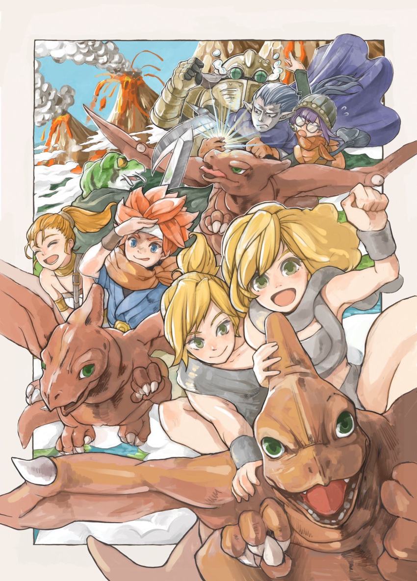 3girls ayla_(chrono_trigger) bare_shoulders blonde_hair blue_eyes breasts cape choker chrono_trigger closed_mouth crono_(chrono_trigger) dinosaur frog_(chrono_trigger) glasses gloves headband helmet highres jewelry kino_(chrono_trigger) long_hair looking_at_viewer lucca_ashtear magus_(chrono_trigger) marle_(chrono_trigger) multiple_girls open_mouth ponytail purple_hair red_hair robo_(chrono_trigger) robot scarf short_hair smile sword uzutanco weapon