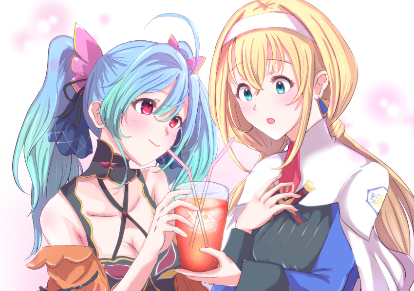 2girls az_sainklaus blonde_hair blue_eyes blue_hair breasts capelet cleavage drinking_straw giorgio_(yo_sumire_sola1) hair_behind_ear hairband jacket low_twintails mitsuba_greyvalley multiple_girls orange_jacket orange_sweater red_eyes super_robot_wars super_robot_wars_30 sweater twintails white_capelet white_hairband yuri