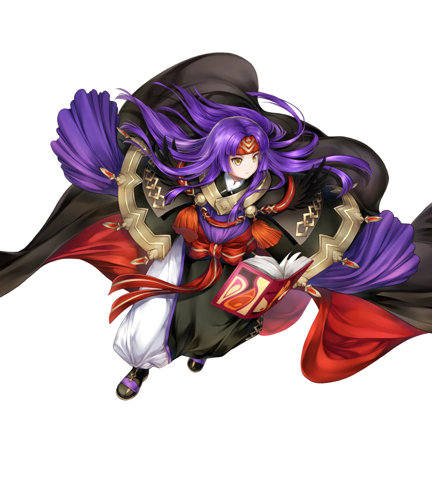 alternate_costume book boots cape feathers female fire_emblem fire_emblem:_radiant_dawn fire_emblem_heroes full_body headband highres long_hair non-web_source official_art purple_hair sanaki_kirsch_altina sanaki_kirsch_altina_(resplendent) solo transparent_background yamada_koutarou yellow_eyes