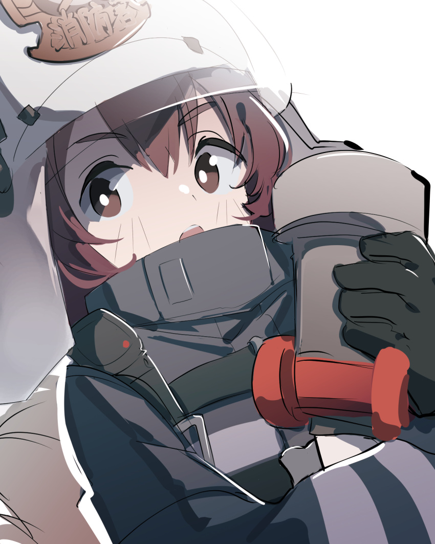 :o animal_ears_helmet arknights black_gloves black_jacket blush brown_eyes brown_hair commentary_request female fire_helmet firefighter_jacket gloves hair_between_eyes high_collar highres hose hugging_object jacket looking_at_viewer open_mouth shaw_(arknights) simple_background solo teeth tetuw thick_eyebrows upper_body upper_teeth_only visor white_background white_headwear