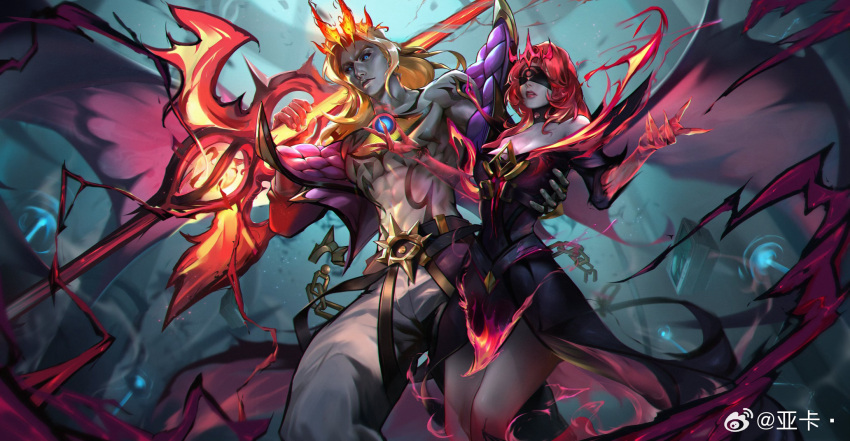 1boy abs bare_shoulders belt black_blindfold black_dress black_sclera blindfold blonde_hair breasts brown_belt chains chest_tattoo collarbone colored_sclera colored_skin crown dress female green_eyes grey_background grey_pants grey_skin highres holding holding_weapon isolde_(league_of_legends) jacket large_breasts league_of_legends long_hair long_sleeves male_focus off_shoulder official_alternate_costume open_clothes open_jacket pants pink_jacket red_hair red_skin smile soul_fighter_viego tattoo third_eye_on_chest viego_(league_of_legends) weapon ya_ka