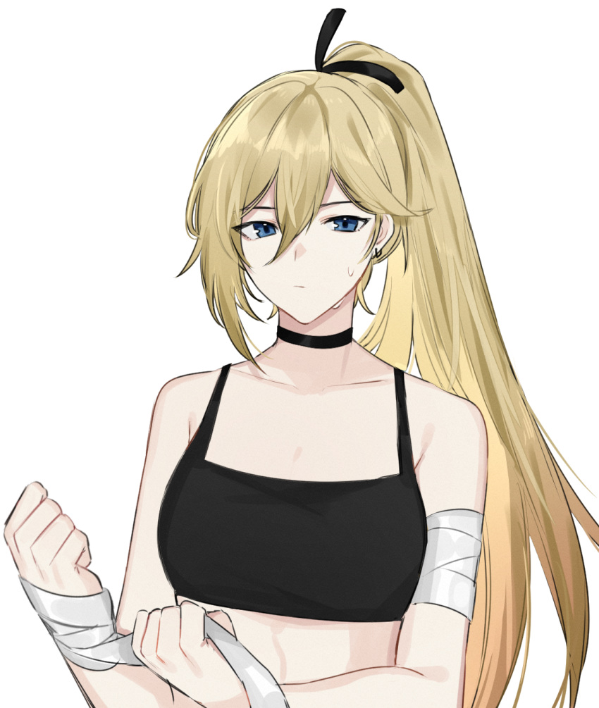 3o_c bandages bare_shoulders bianka_durandal_ataegina black_choker black_sports_bra blonde_hair blue_eyes choker closed_mouth collarbone earrings female highres honkai_(series) honkai_impact_3rd jewelry long_hair looking_at_viewer ponytail simple_background solo sports_bra upper_body very_long_hair white_background