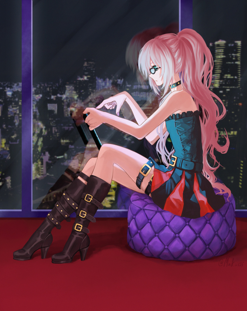 1boy absurdres bare_shoulders black_footwear boots choker commentary_request crossdressing full_body gatchaman_crowds glasses green_eyes high_heel_boots high_heels highres long_hair makii155 male_focus ninomiya_rui otoko_no_ko pink_hair skirt solo thigh_strap very_long_hair