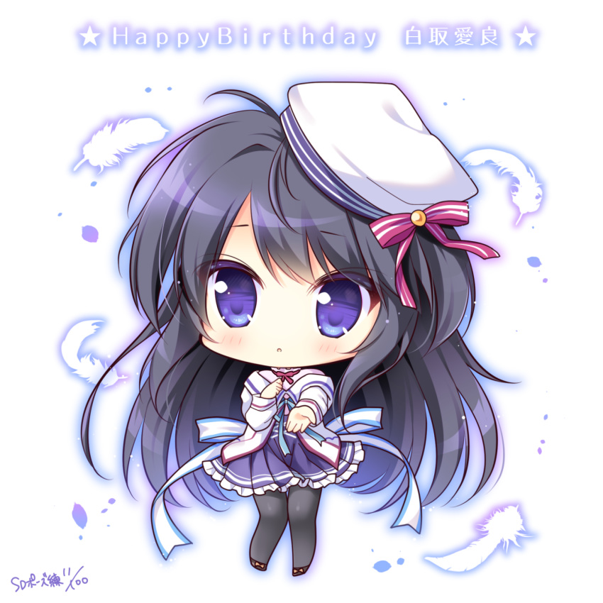 :o bad_id bad_pixiv_id beret black_footwear black_hair black_pantyhose blue_skirt blush bow character_name chibi commentary_request dated female frilled_skirt frills full_body happy_birthday hat hat_bow highres jacket long_hair long_sleeves looking_at_viewer lump_of_sugar pantyhose parted_lips pink_shirt pleated_skirt purple_eyes red_bow ryuuka_sane sekai_to_sekai_no_mannaka_de shiratori_aira_(sekai_to_sekai) shirt shoes signature skirt solo striped striped_bow tilted_headwear very_long_hair white_hat white_jacket