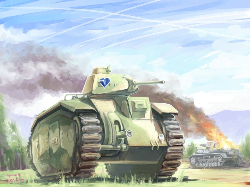 artist_name caterpillar_tracks char_b1 cloud commentary_request day fire grass ground_vehicle highres military military_vehicle motor_vehicle no_humans original panzerkampfwagen_iv real_life sky smoke tank tree world_war_ii