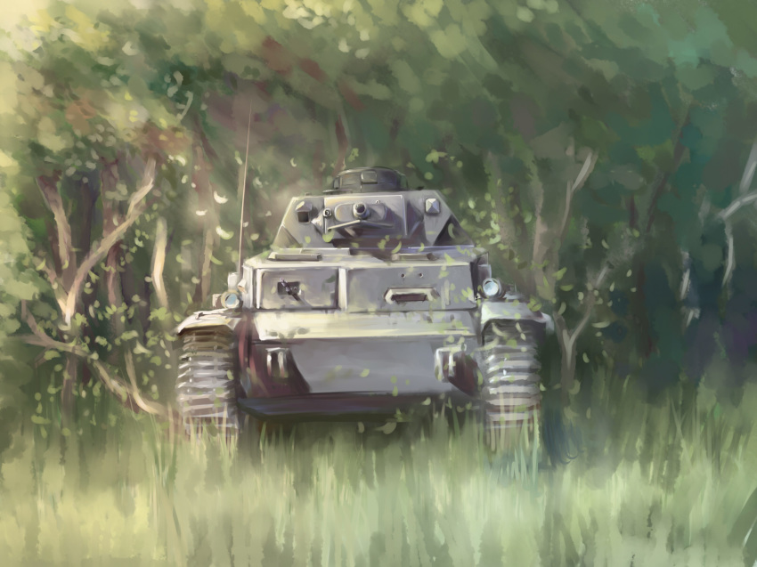 artist_name caterpillar_tracks commentary_request day grass ground_vehicle highres military military_vehicle motor_vehicle no_humans panzerkampfwagen_iv real_life tank tree world_war_ii