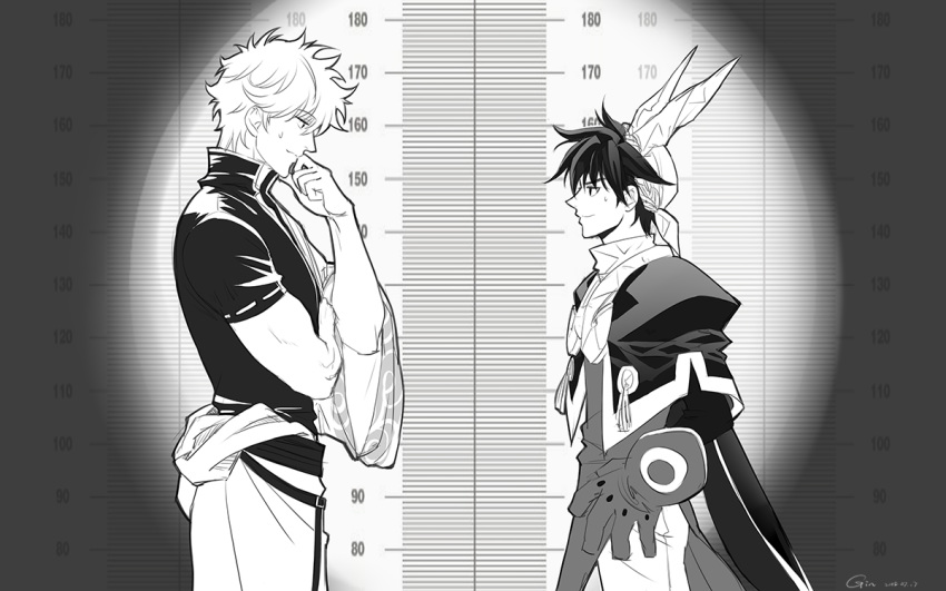 2boys black_and_white black_hair cape crossover face-to-face gintama gloves hat houshin_engi japanese_clothes kenin kimono male_focus measuring monochrome multiple_boys profile short_hair smile standing taikoubou white_hair