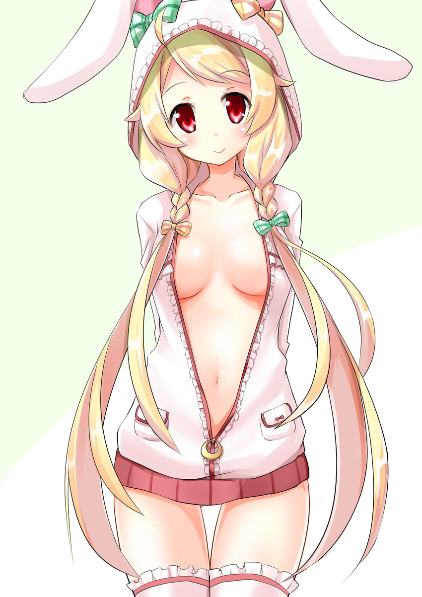 absurdres animal_hood arms_behind_back blonde_hair bow braid breasts commentary_request cowboy_shot female flower_knight_girl green_background hairbow highres hood hoodie jacket long_hair looking_at_viewer medium_breasts quel rabbit_hood red_eyes smile solo susuki_(flower_knight_girl) thigh_gap thighhighs twin_braids white_jacket white_thighhighs