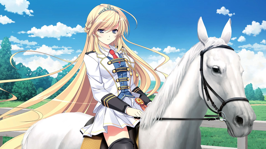 ahoge amelia_rose_brettingham animal ankoromochi black_eyes black_thighhighs blonde_hair blue_eyes blue_shirt blush bridle bush buttons cloud cloudy_sky cowboy_shot cross day detached_sleeves dress eyebrows female fence game_cg grass hair_between_eyes highres horse horseback_riding house iron_cross jpeg_artifacts landscape leather long_hair looking_at_viewer medal miniskirt necktie non-web_source nose outdoors path pleated_skirt red_necktie riding road rope saddle shirt shitsuji_ga_aruji_wo_erabu_toki skirt sky solo thighhighs tiara tree uniform very_long_hair white_dress white_horse white_skirt zettai_ryouiki