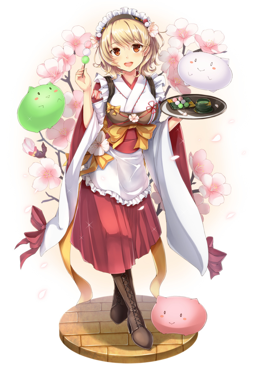 :> :d apricot_(flower_knight_girl) apricot_blossom apricot_flower black_hairband blonde_hair boots bow branch brown_eyes brown_footwear bud commentary_request creature cross-laced_footwear dabadhi dango dress female flower flower_knight_girl food full_body hairband highres japanese_clothes kimono lace-up_boots looking_at_viewer maid name_connection object_namesake open_mouth pavement petals pink_flower red_bow red_dress sanshoku_dango short_hair smile solo standing tea wa_maid wagashi waitress white_background white_kimono