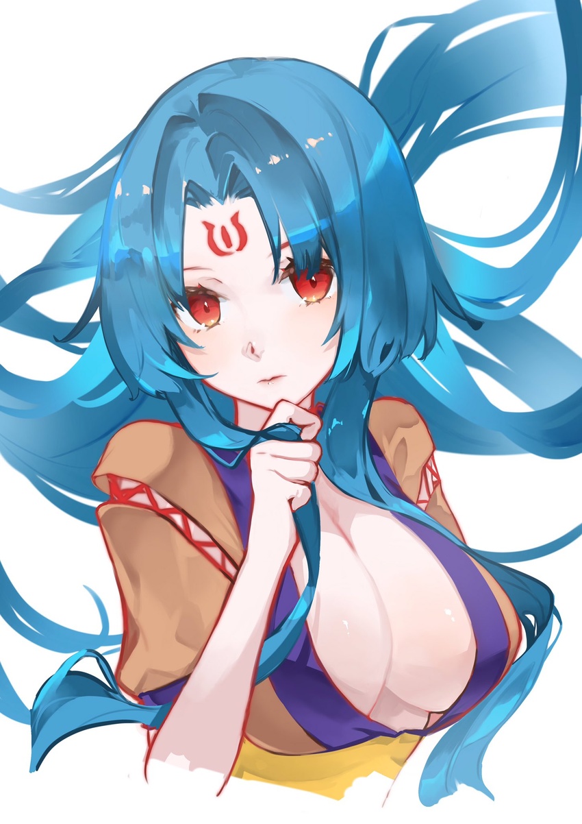 alicesoft blue_hair breasts closed_mouth facial_mark female floating_hair forehead_mark highres kaminaga-hime large_breasts long_hair looking_at_viewer neko_(ganecooo) red_eyes simple_background solo toushin_toshi toushin_toshi_ii twirling_hair upper_body white_background