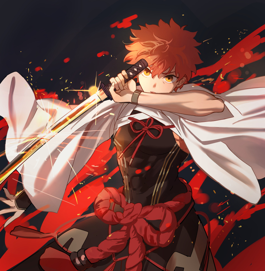 1boy absurdres commentary_request emiya_shirou fate/grand_order fate_(series) glint highres holding holding_sword holding_weapon katana male_focus marimo_(nogdujeon) nagatekkou orange_hair rope senji_muramasa_(fate) senji_muramasa_(second_ascension)_(fate) shimenawa solo sword upper_body weapon wide_sleeves yellow_eyes