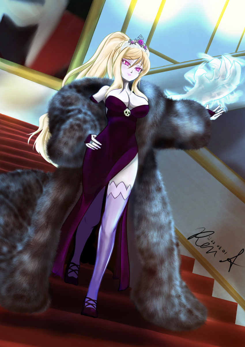 absurdres artist_name blonde_hair breasts coat colored_skin commentary dress english_commentary female fur_coat highres indoors ken-aramaki large_breasts mole monster_girl_encyclopedia ponytail purple_eyes side_slit sidelocks smile solo thighhighs tiara wight_(monster_girl_encyclopedia)