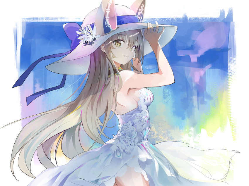 alternate_costume animal_ears blue_bow bow breasts dress euphemia_chevalier female fox_ears fox_girl grey_hair hair_behind_ear hair_between_eyes hand_on_headwear hat hat_bow highres indie_virtual_youtuber long_hair looking_at_viewer medium_breasts nattsume_(natttsume) parted_lips solo sun_hat very_long_hair virtual_youtuber white_dress yellow_eyes