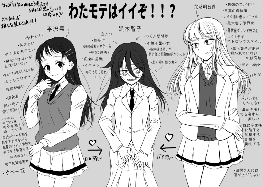 3girls bags_under_eyes blunt_bangs cardigan cardigan_vest commentary_request greyscale highres hirasawa_shizuku katou_asuka kuroki_tomoko long_hair monochrome multiple_girls necktie open_mouth osumoto1 pleated_skirt school_uniform simple_background skirt smile sweatdrop text_focus translation_request watashi_ga_motenai_no_wa_dou_kangaetemo_omaera_ga_warui! yuri