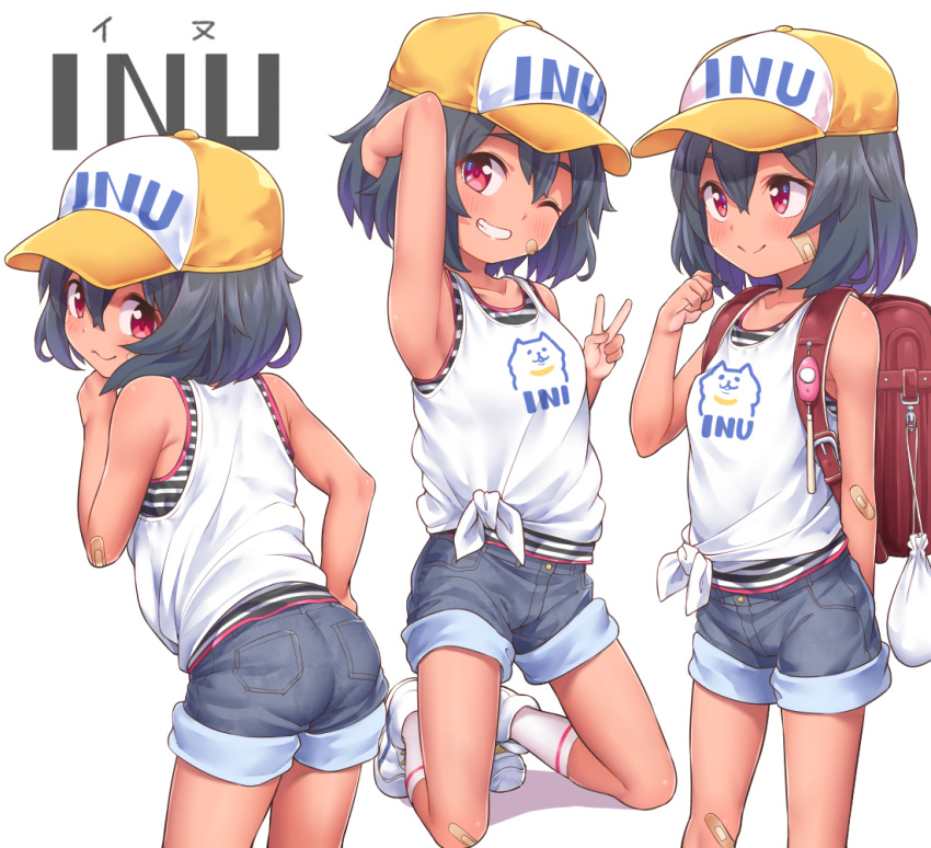 bandaid bandaid_on_cheek bandaid_on_face bandaid_on_knee bandaid_on_leg black_hair female from_behind hair_between_eyes hat kanabun kneeling multiple_views one_eye_closed original red_eyes shirt short_hair simple_background solo tied_shirt white_background white_shirt yellow_headwear yuuki-chan_(kanabun)