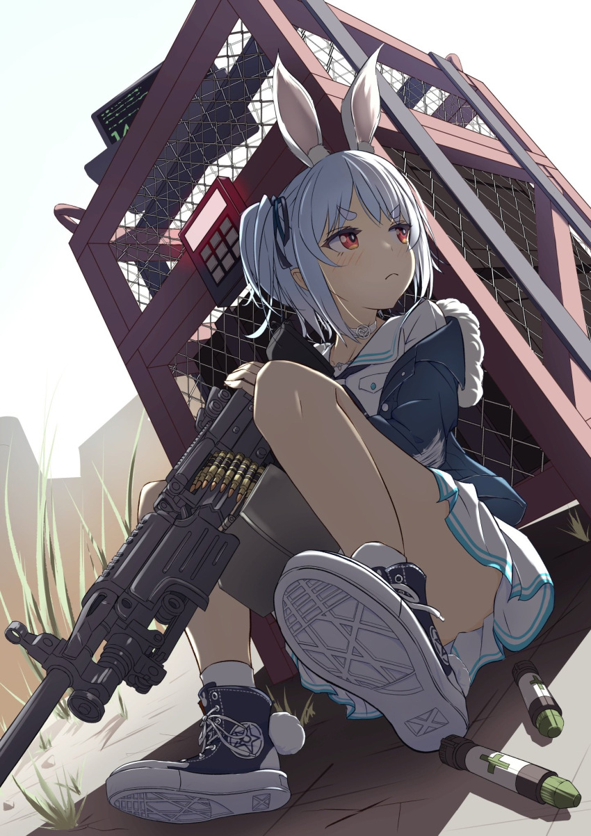 animal_ears blue_jacket blush bow carrot female gun hair_ornament highres holding holding_weapon hololive jacket light_machine_gun long_hair looking_away m249 machine_gun multicolored_hair no_niwa_no_wani orange_eyes pleated_skirt rabbit_ears rabbit_girl rabbit_tail shoes skirt sneakers solo tail twintails two-tone_hair usada_pekora usada_pekora_(casual) virtual_youtuber weapon