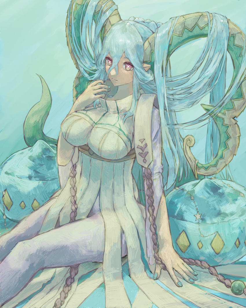 absurdres blue_hair blue_nails breasts coban_(epxr5354) commentary curled_horns dragon_girl fate/grand_order fate_(series) female highres horns large_breasts larva_tiamat_(fate) larva_tiamat_(third_ascension)_(fate) light_blue_hair long_hair looking_at_viewer nail_polish pink_eyes sitting solo tiamat_(fate) upper_body very_long_hair