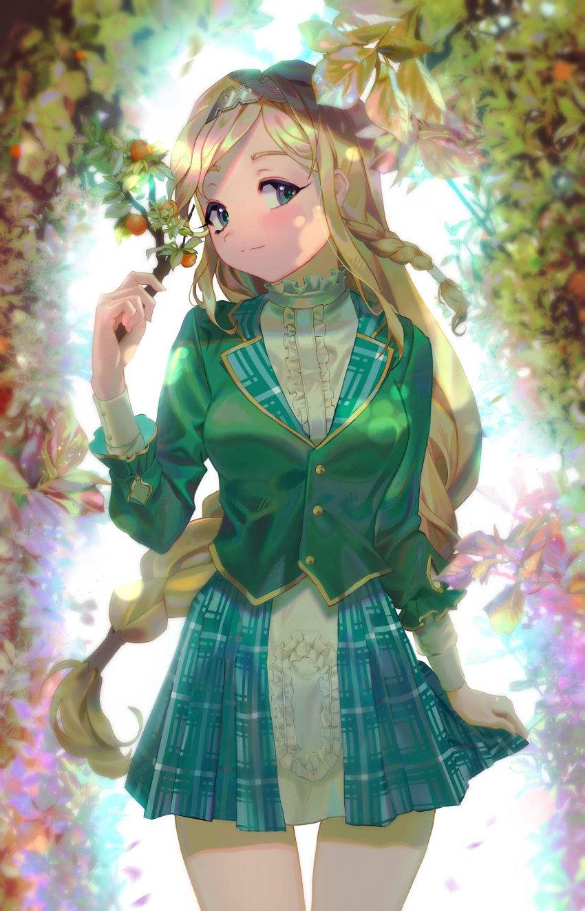 absurdres blonde_hair blue_skirt blush braid branch breasts clarissa_snowflake corette female green_eyes green_jacket hair_behind_ear highres holding holding_branch jacket leaf long_hair medium_breasts plaid plaid_skirt sakura_taisen shin_sakura_taisen shirt side_braid silver_hairband skirt smile solo very_long_hair white_shirt